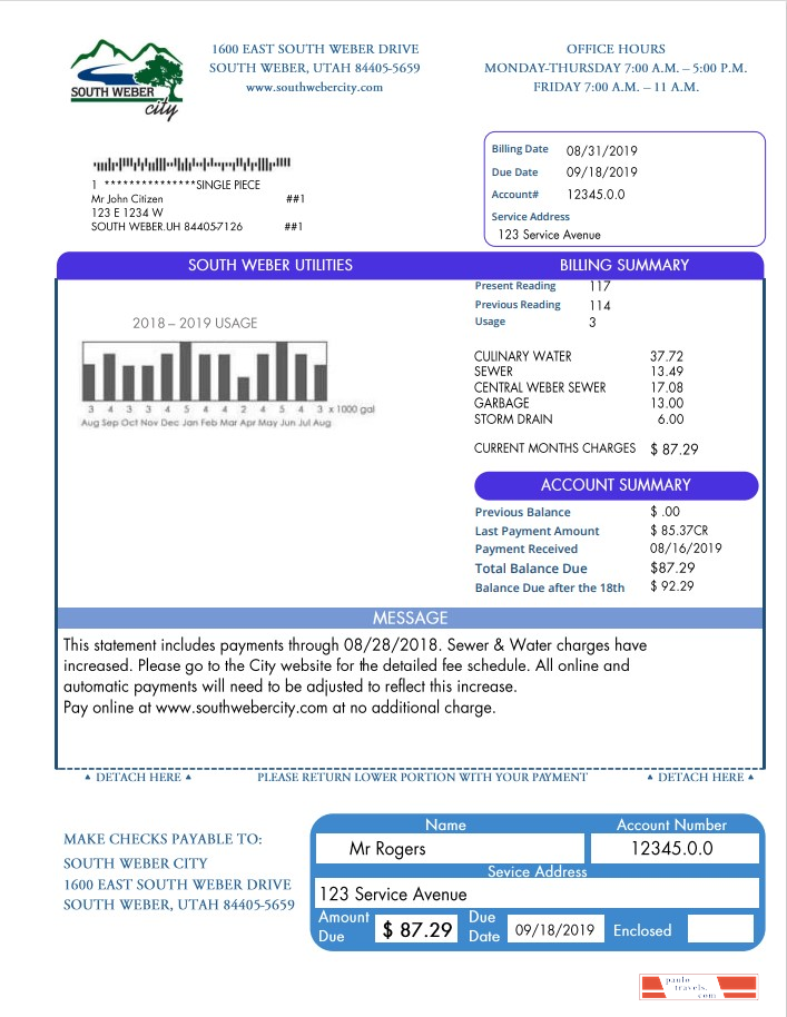 USA South Weber City Utah water utility bill template in Word and PDF format